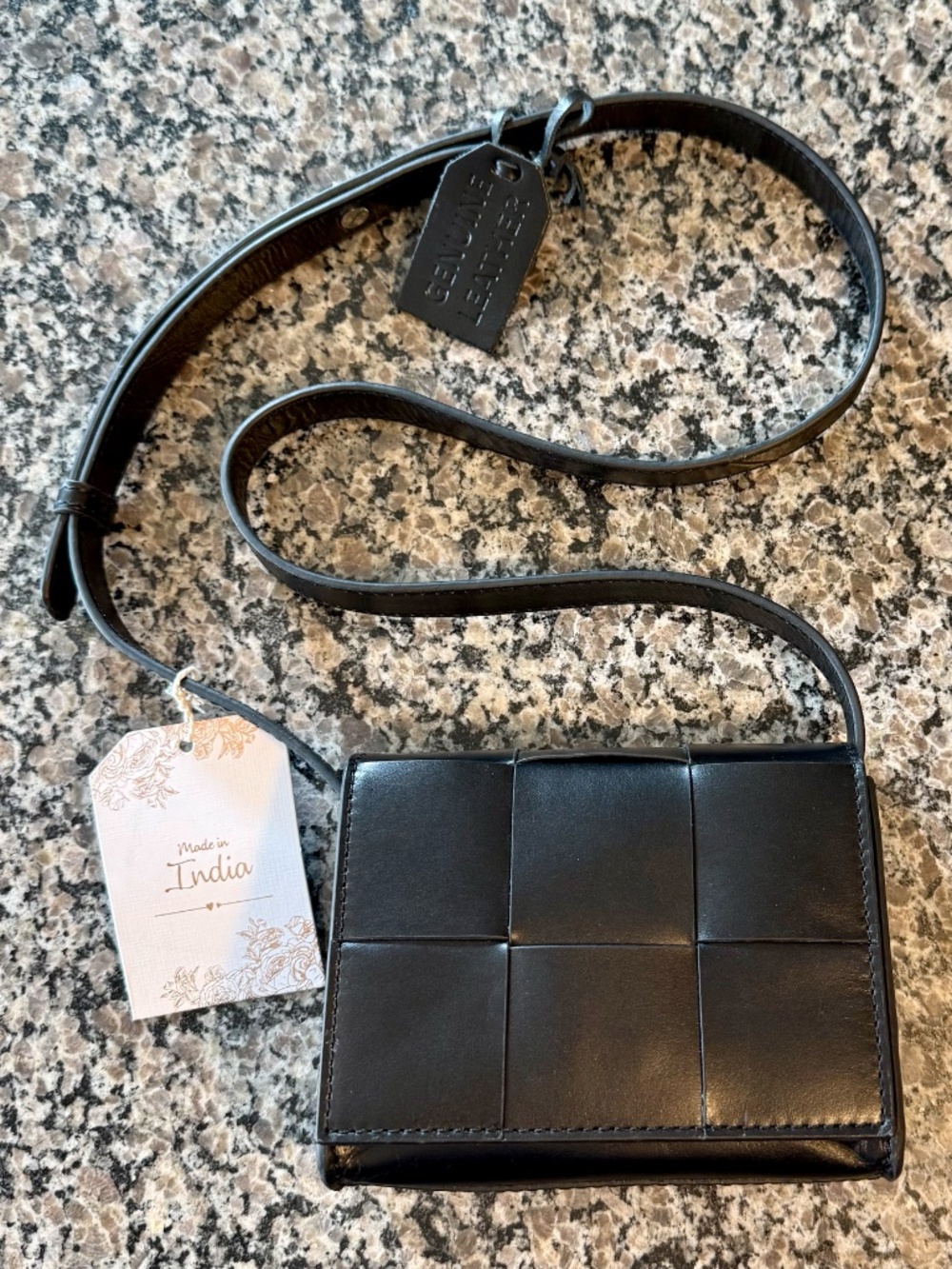 Women's Genuine Woven Leather Mini Crossbody Bag - Black - Picture 3 of 7